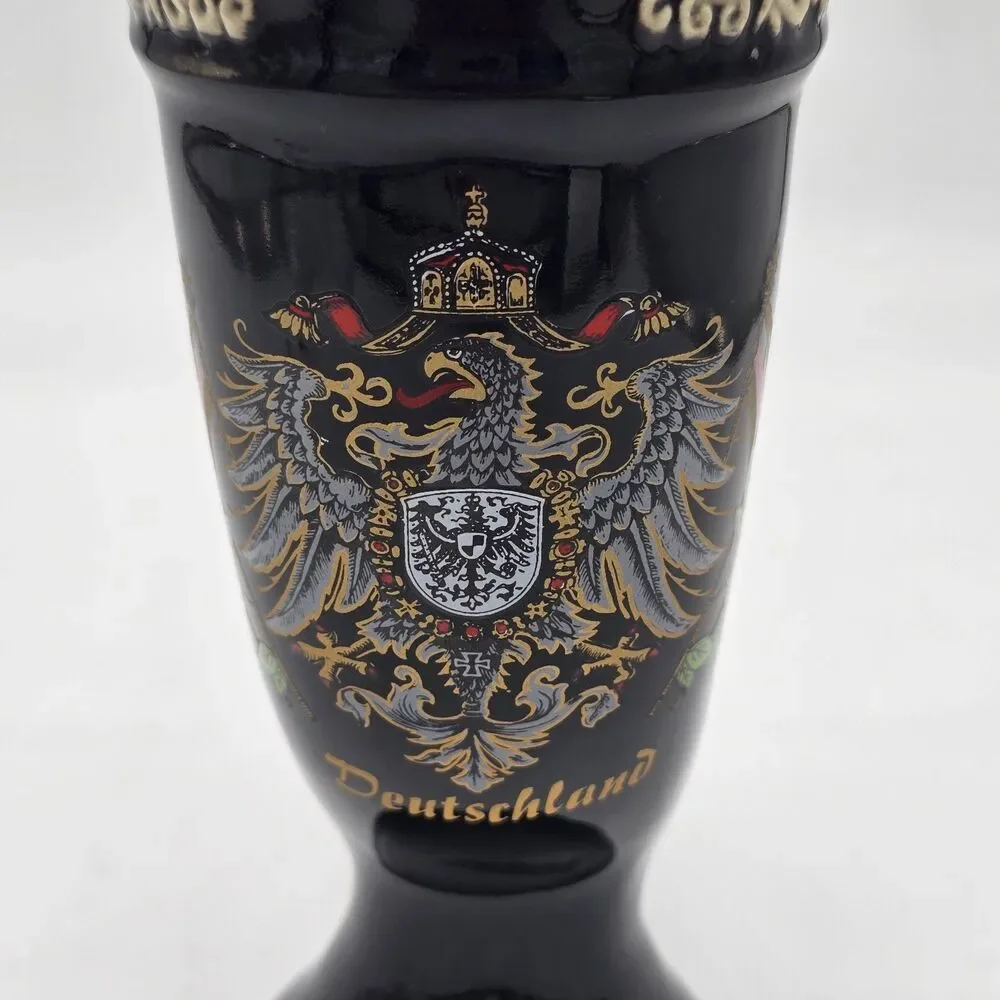 King Original Germany Horn Beer Stein Deutschland Pewter Lid Black Ceramic
